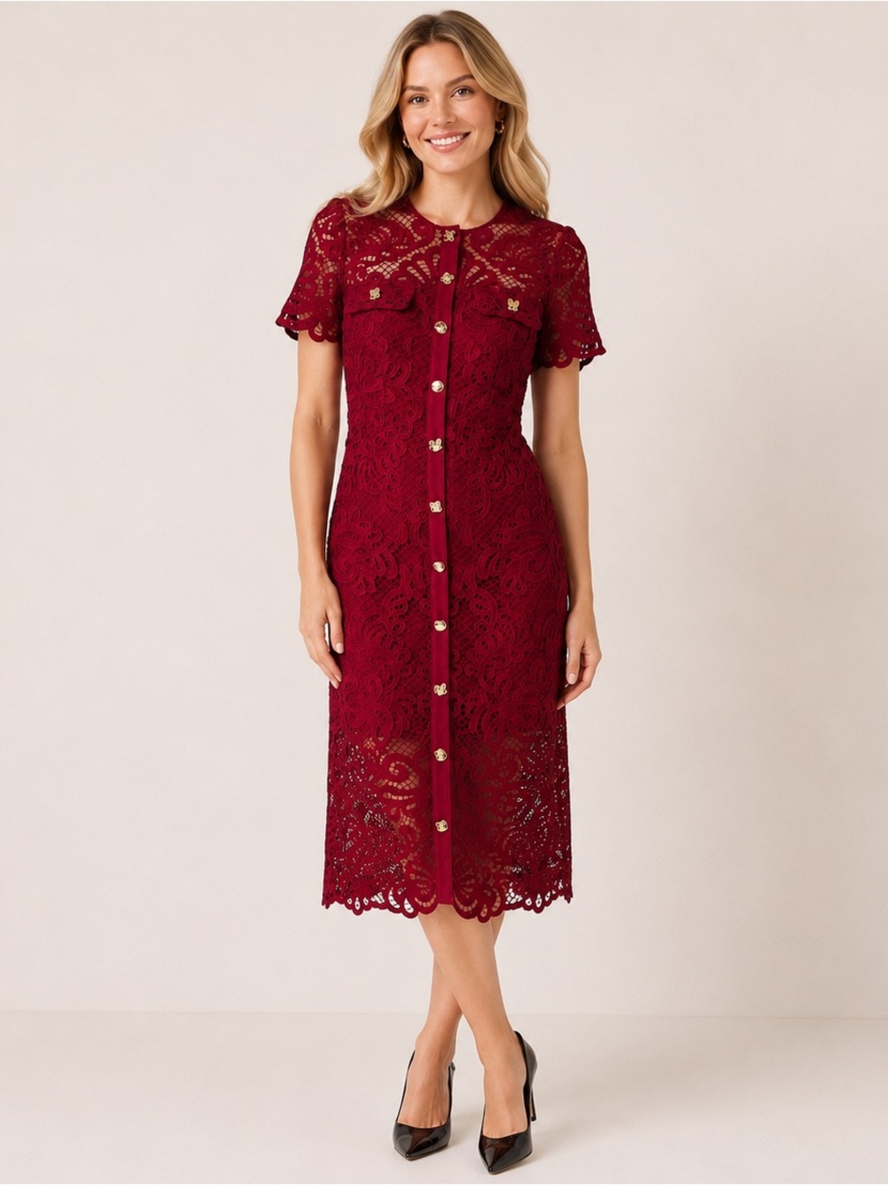 Self-Portrait Burgundy Guipure Lace Button Down Midi Dress US 8 UK 12 NWT